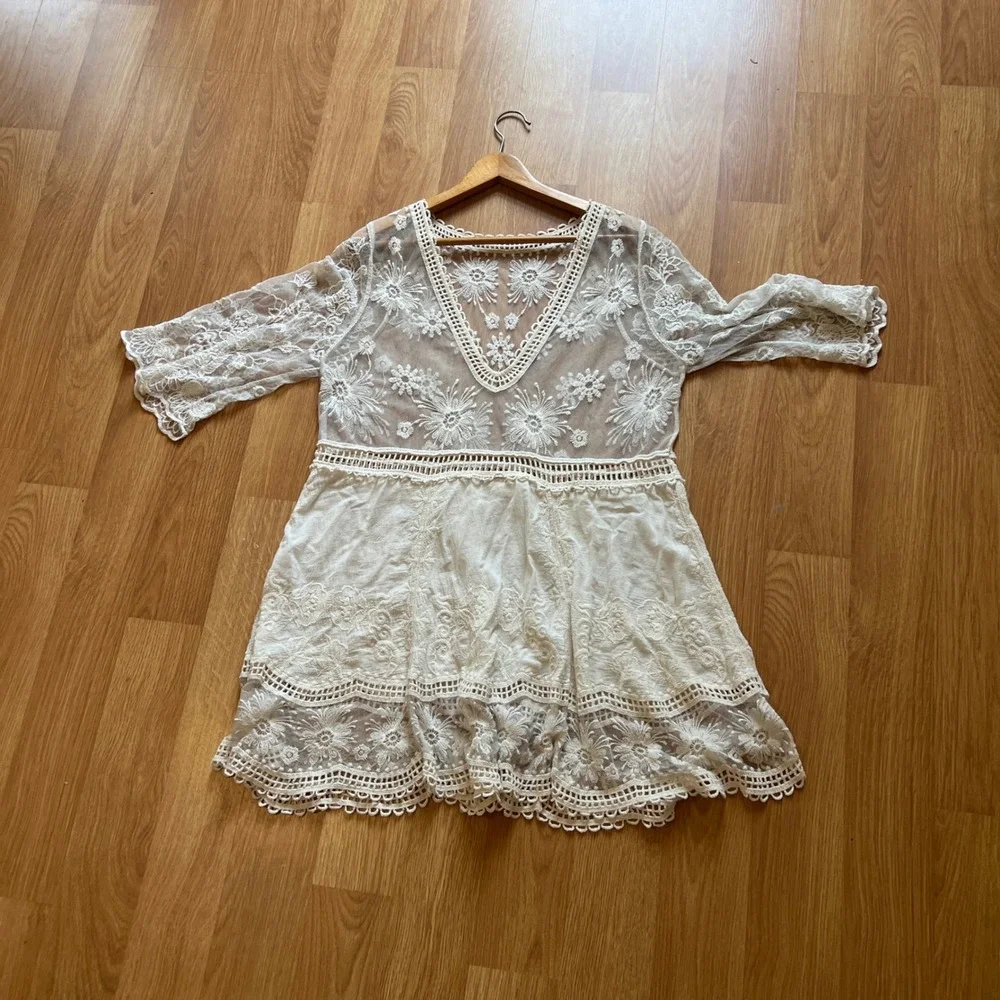 White Floral Lace Crochet Small Beach Cover Up Sheer Boho Mini Dress Festival